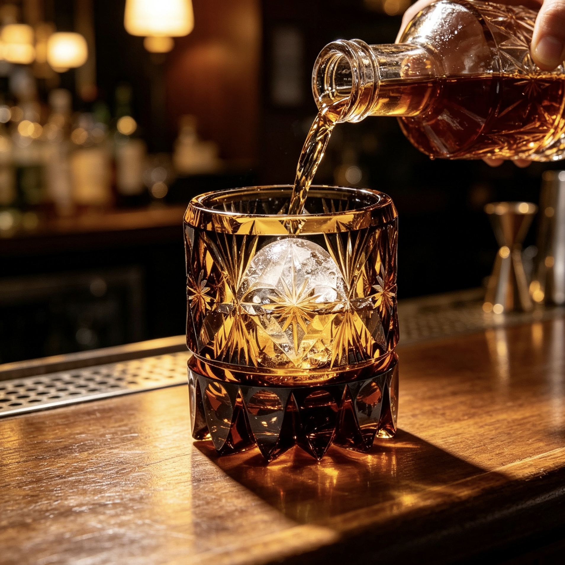 VSVEE Amber Starburst & Diamond Hand-Cut Whiskey Glass |   European hand Gift