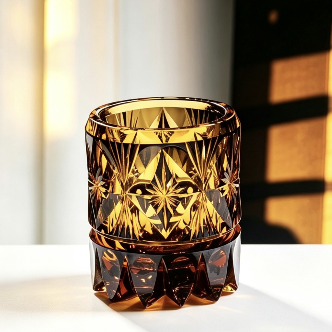 VSVEE Amber Starburst & Diamond Hand-Cut Whiskey Glass |   European hand Gift