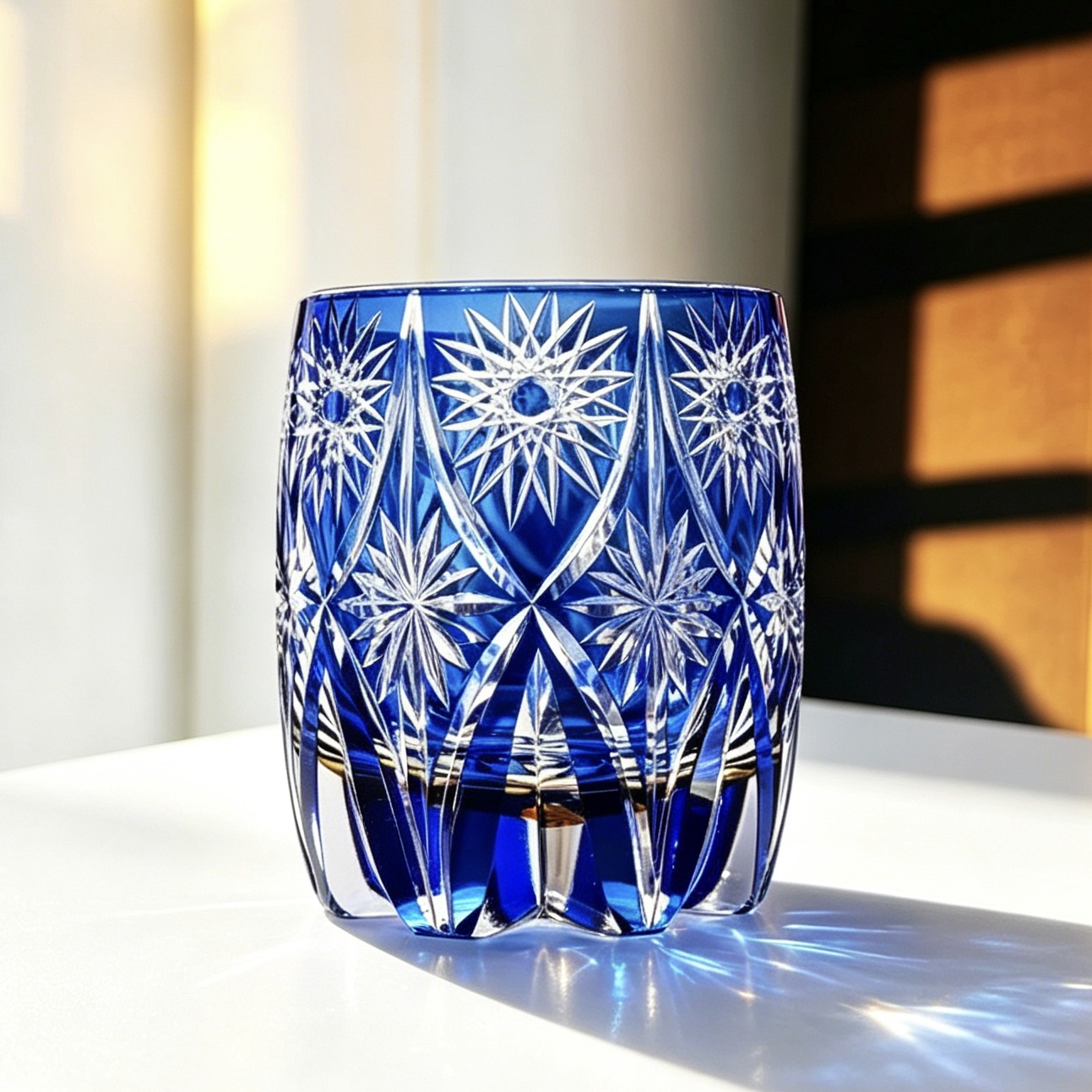 VSVEE Cobalt Blue Starburst Diamond Hand-Cut Whiskey Glass | Luxury Gift