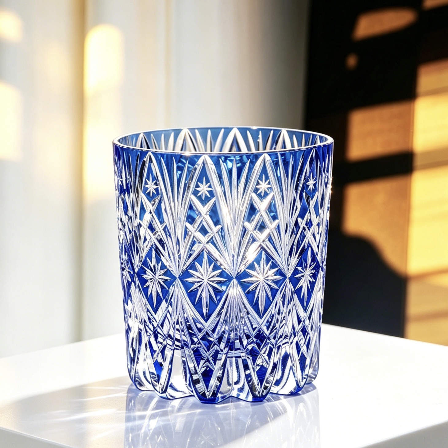 VSVEE Cobalt Blue Multi-Layer Star & Spear Hand-Cut Whiskey Glass | Luxury Gift