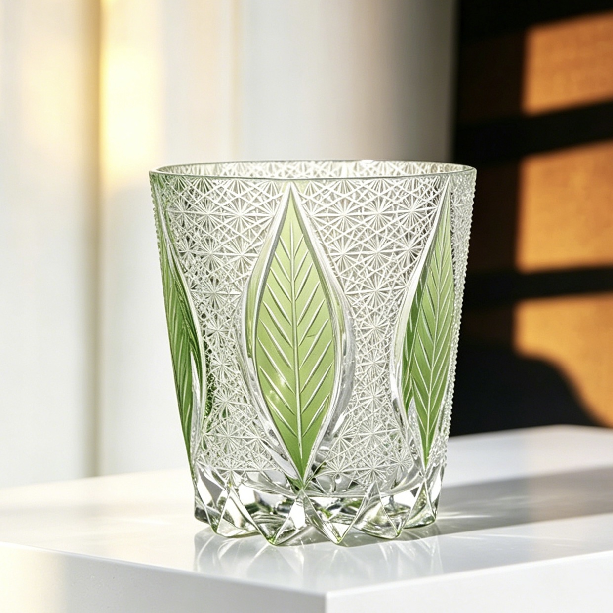 VSVEE Light Green Leaf & Star Mesh Hand-Cut Whiskey Glass | Luxury Gift