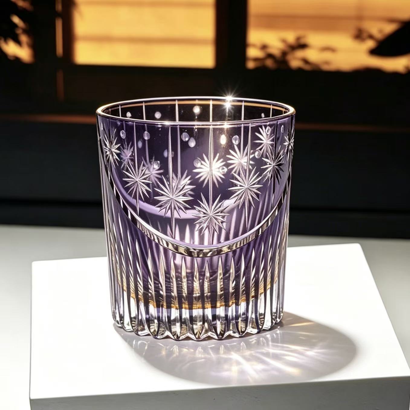 VSVEE Amethyst Purple Star & Vertical Rib Hand-Cut Whiskey Glass | Luxury Gift