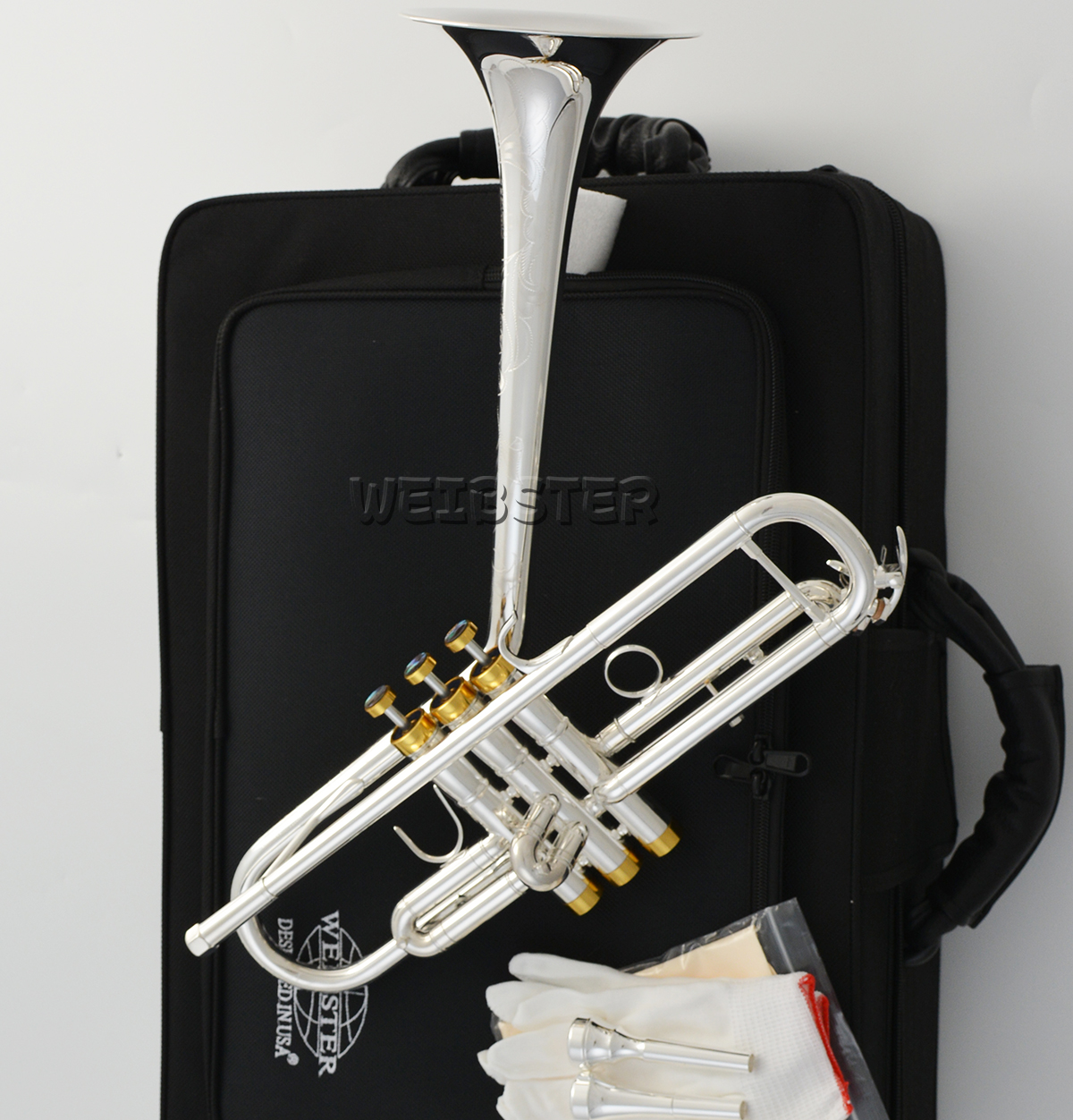 Professional Dizzy style Trumpet Engraving Bell Silver Plated horn 2 Mouthpiece