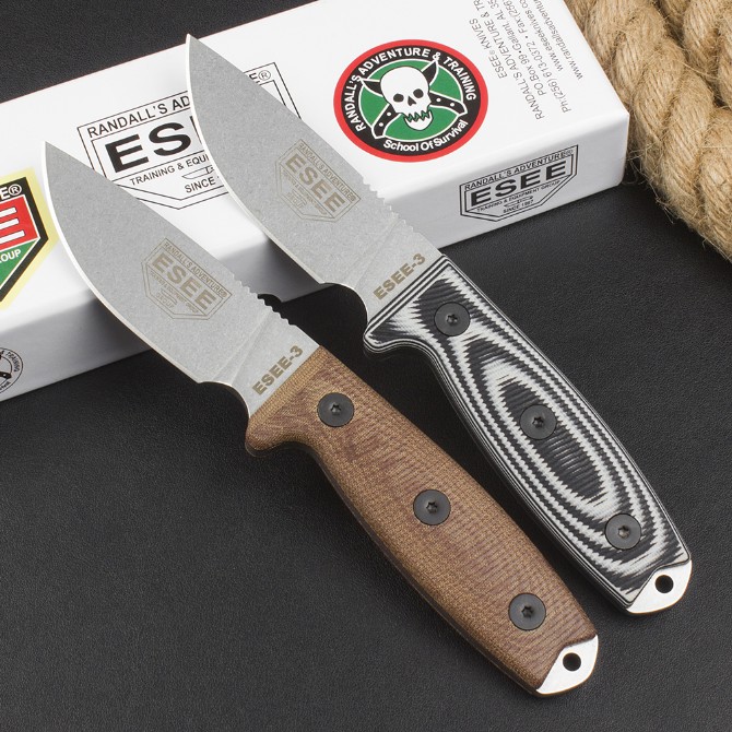 OEM version of the American ESEE-3 Rowen tactical small straight knife (black and white G10 handle, brown linen handle)