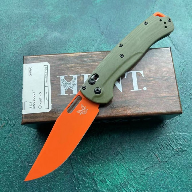 BENCHMADE 15535 Folding Knife (G10 Green Handle) Orange Blade