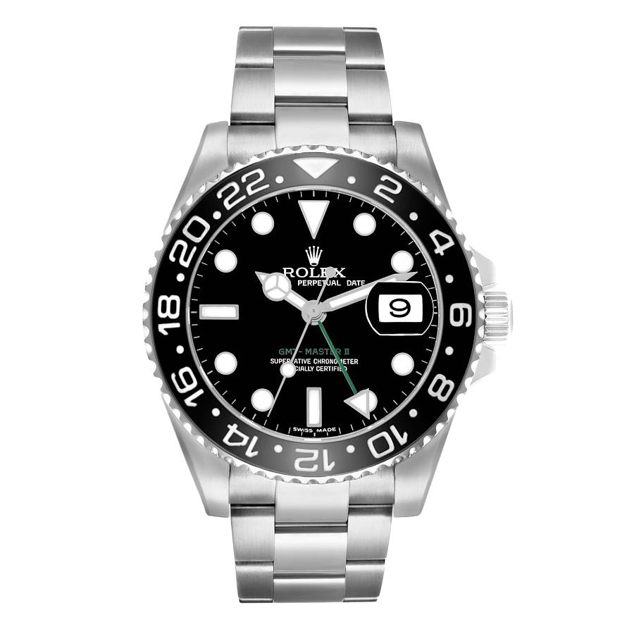 Replica Rolex GMT Master II Green Hand Black Dial Steel Mens Watch 116710