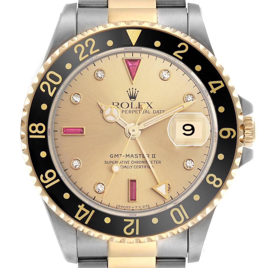 Replica Rolex GMT Master II Steel Yellow Gold Diamond Ruby Serti Dial Mens Watch 16713