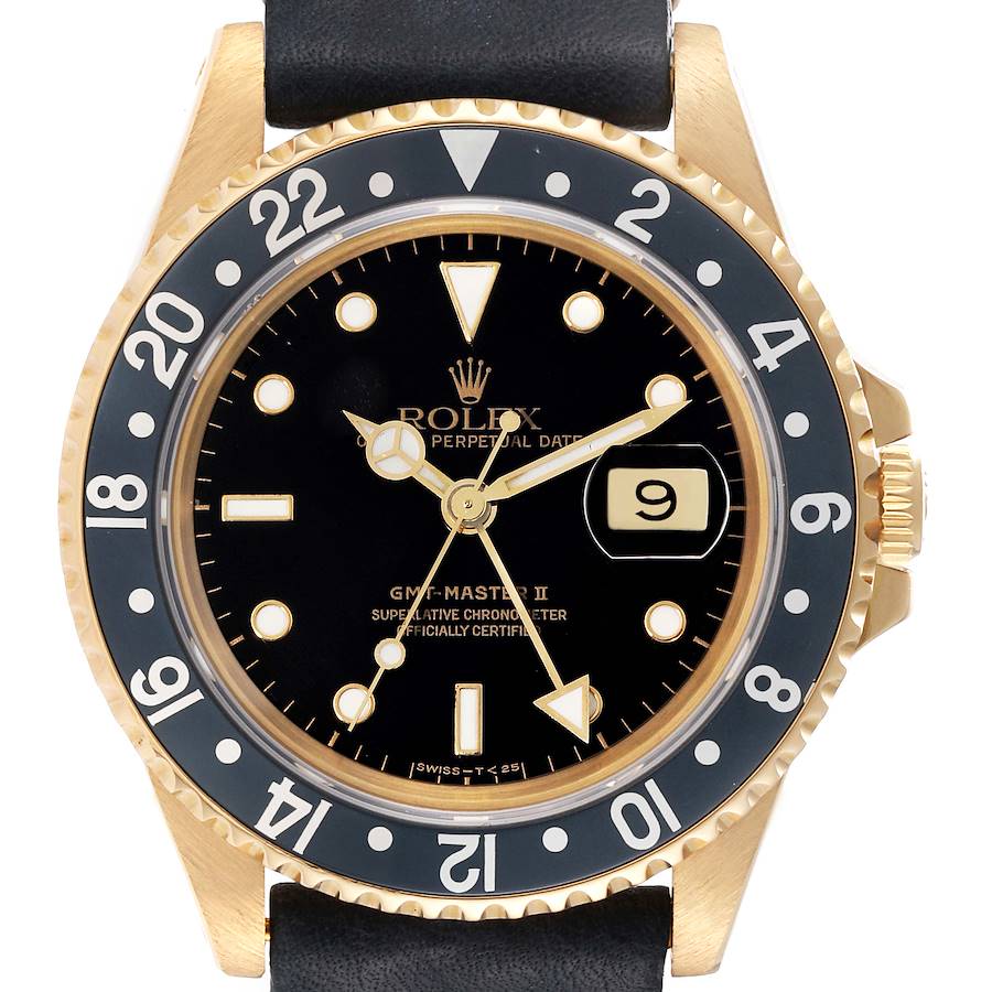 Replica Rolex GMT Master II 18K Yellow Gold Black Dial Mens Watch 16718
