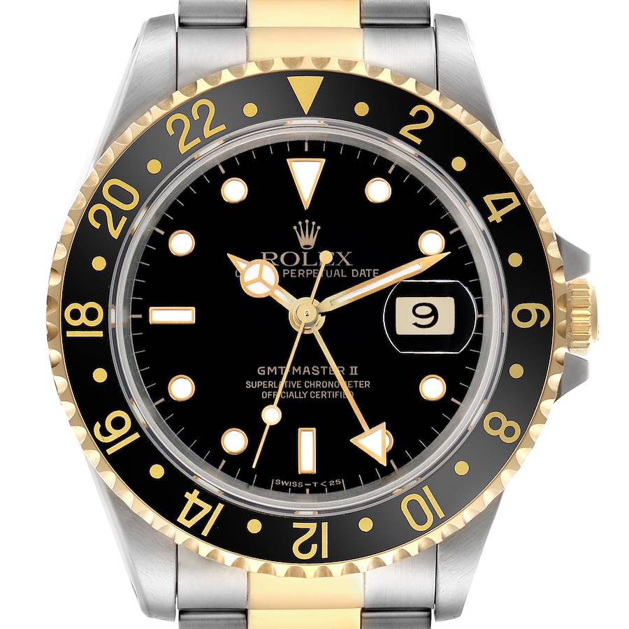 Replica Rolex GMT Master II Steel Yellow Gold Black Dial Mens Watch 16713