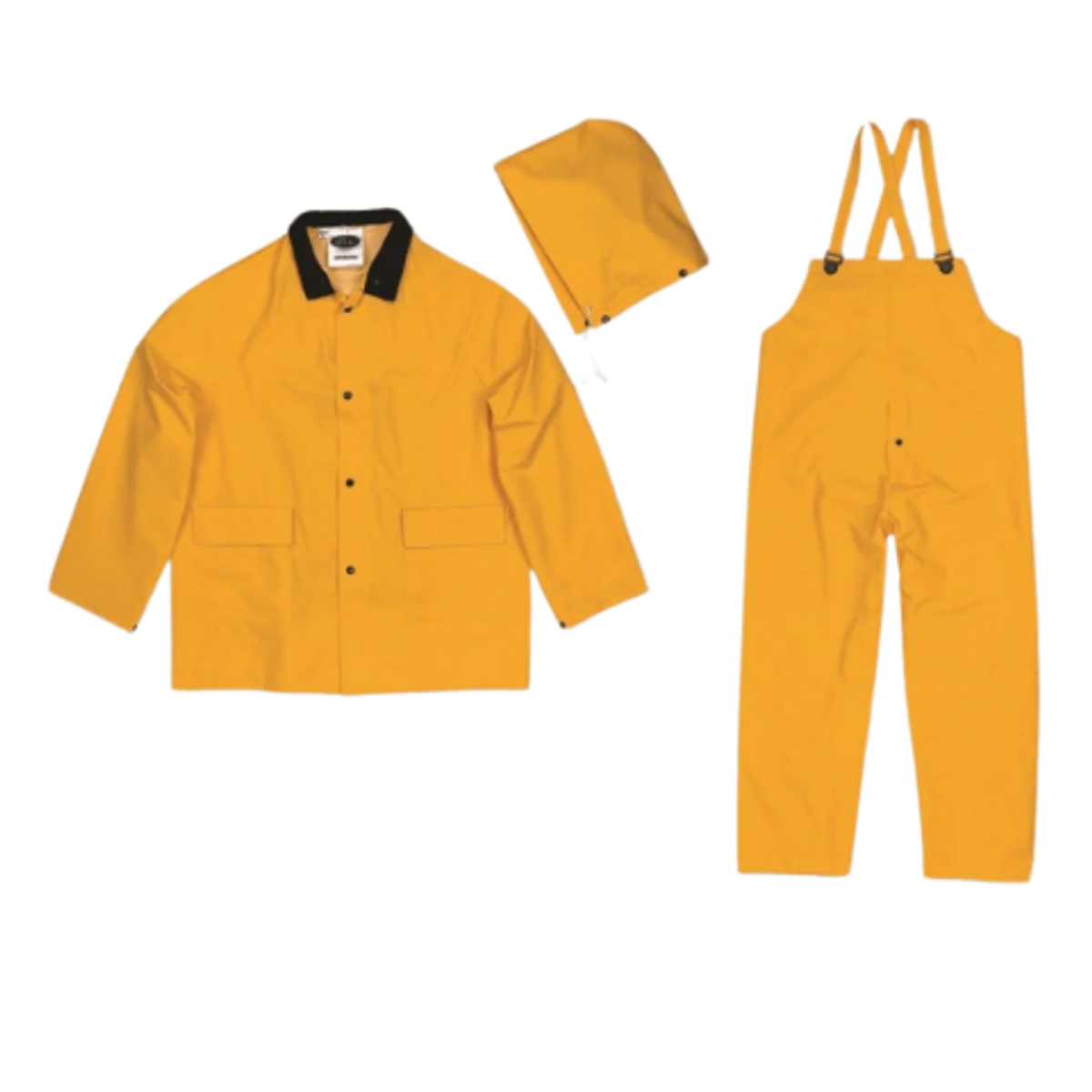 3-PIECE RAINSUIT, JACKET, BIB OVERALL, DETACHABLE HOOD  SZ  S-XL