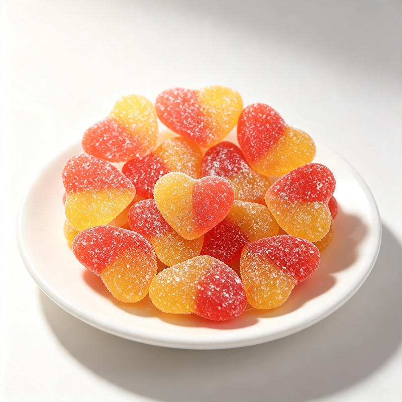 Colored heart-shaped gummy candies coated with sugar dust