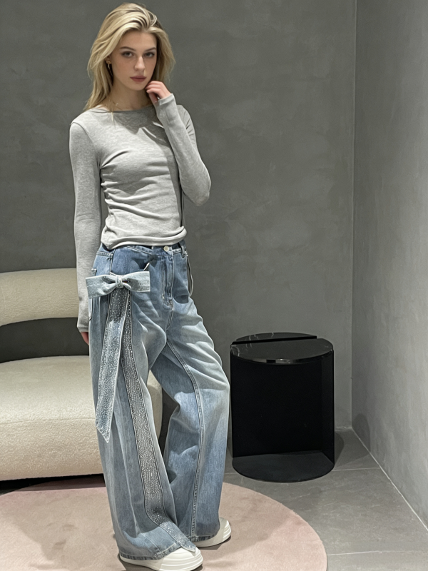 Youxiao Zhong Ann Women's Bowknot Rhinestone Patchwork High-Waisted Straight Jeans, New Spring Style Casual Pants