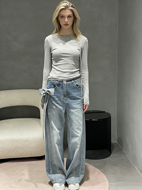 Youxiao Zhong Ann Women's Bowknot Rhinestone Patchwork High-Waisted Straight Jeans, New Spring Style Casual Pants