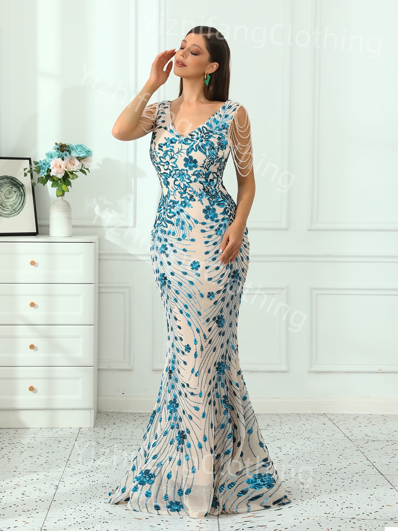 Bead style   Elegant European and American Style Evening Gown for Women - Sexy Dress