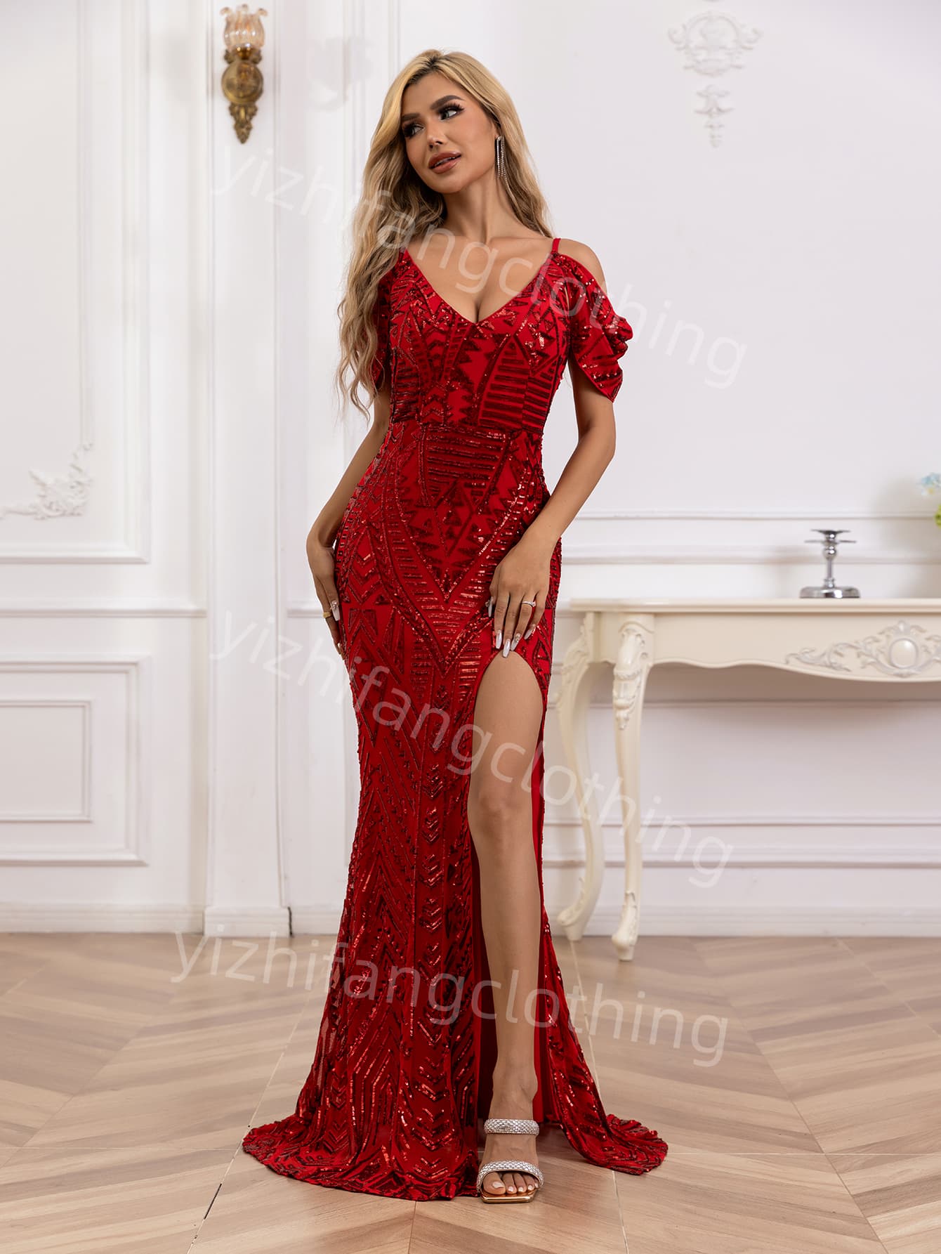 "sequin fabric" Elegant European and American Style Evening Gown for Women - Sexy Dress									