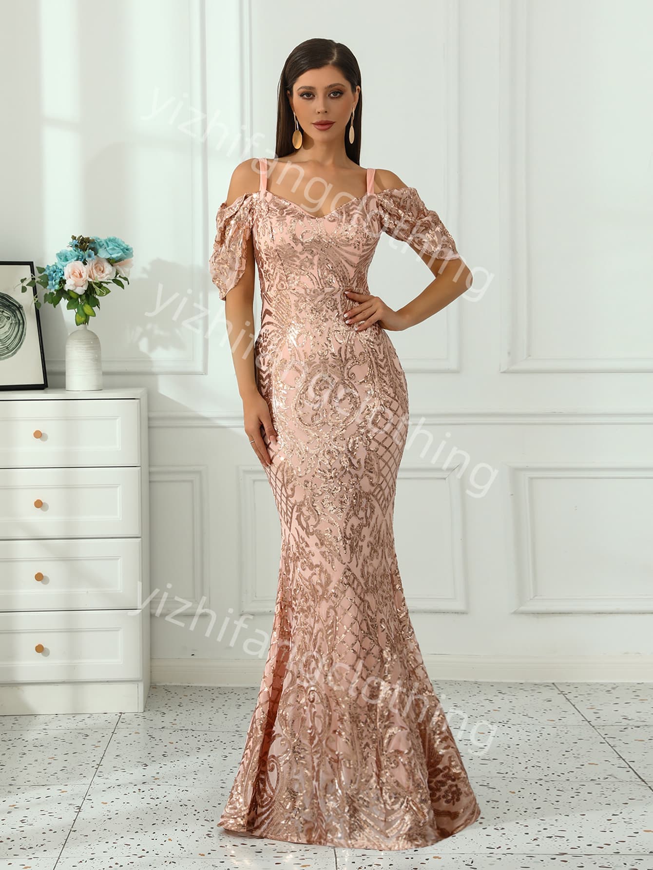   sequin fabric European and American fashion women's sexy evening dress   