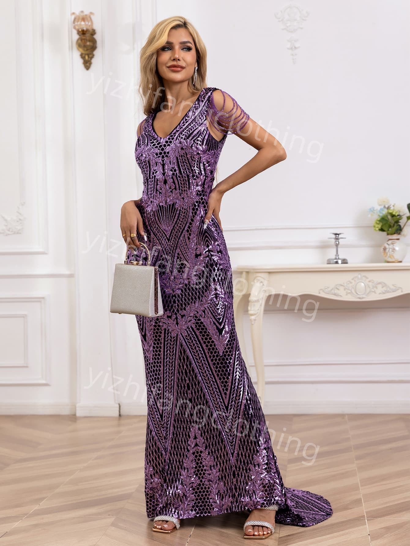  "sequin fabric"  7  Elegant European and American Style Evening Gown for Women - Sexy Dress									