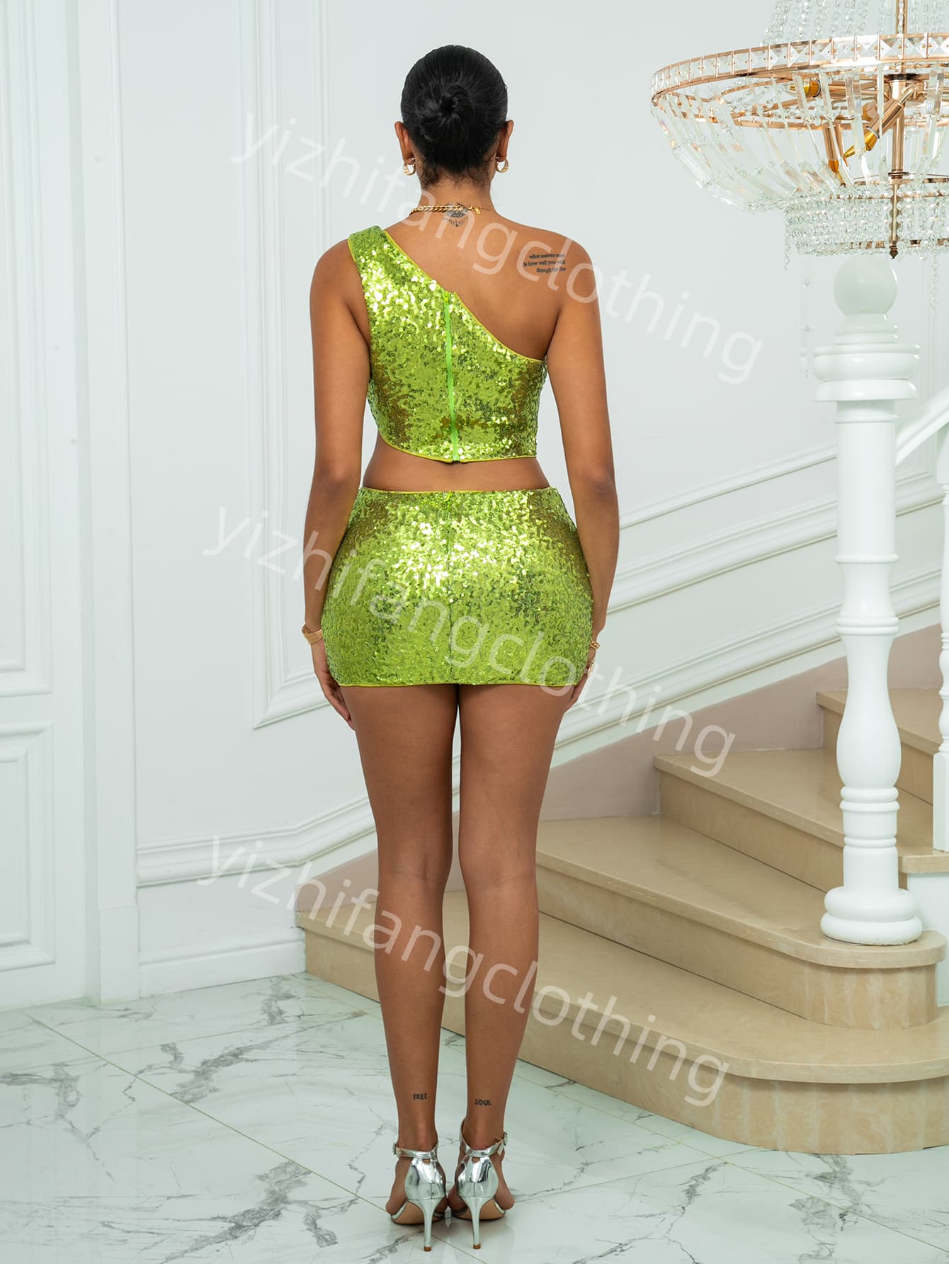 Elegant Green Asymmetric One-Shoulder Waist-Revealing Sexy Set