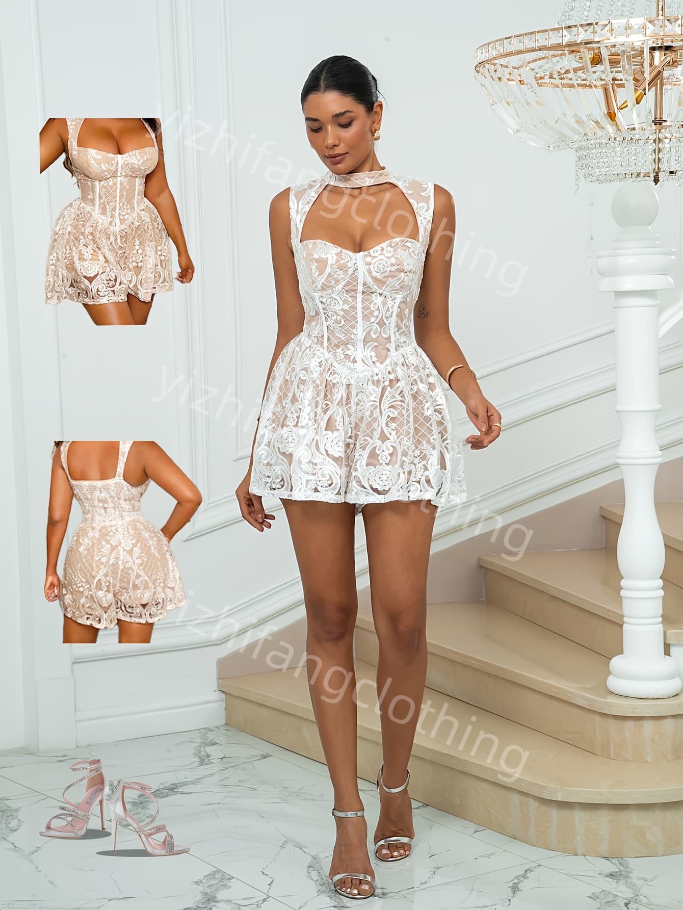 Elegant lace jumpsuit and strapless evening dress, suitable for: dances and parties. Party dress, backless design, flashing material, high-quality lace suit, evening dress, formal dress