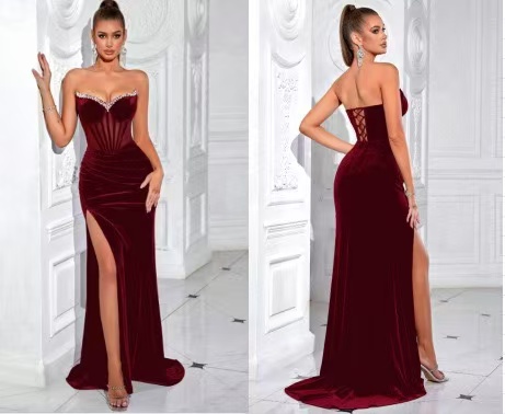Hot-selling solid-color plunge-line high-end evening gown with slit and diamond embellishment - a queenly, luxurious party dress