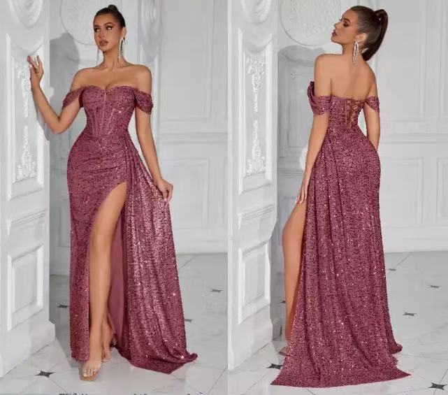 New evening gown - European velvet sequin strapless, A-line, slimming design, elegant and stylish long dress
