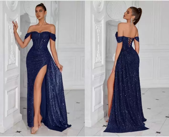 New evening gown - European velvet sequin strapless, A-line, slimming design, elegant and stylish long dress