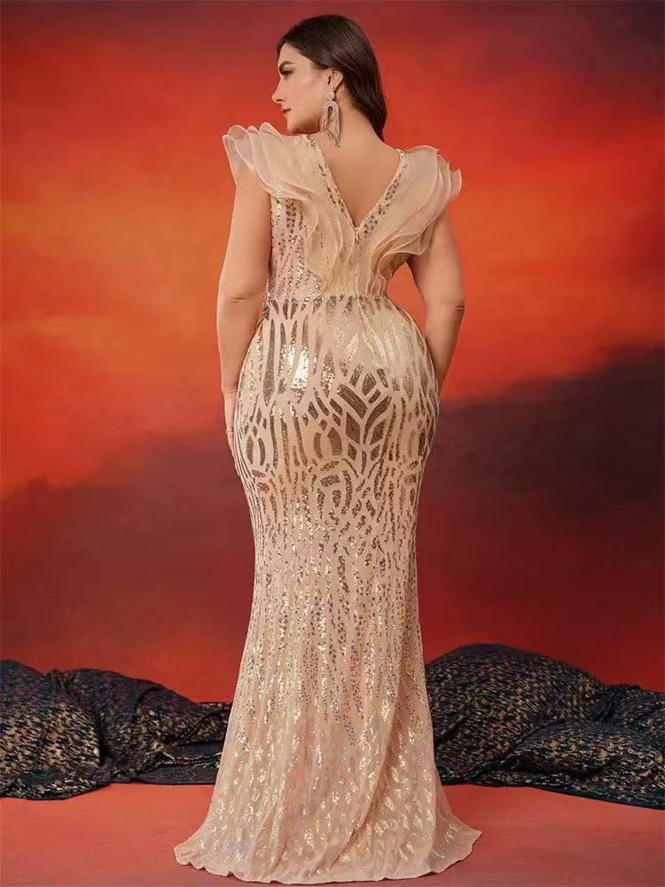 New European and American deep V sequin evening gown, classy and slimming long Party dress