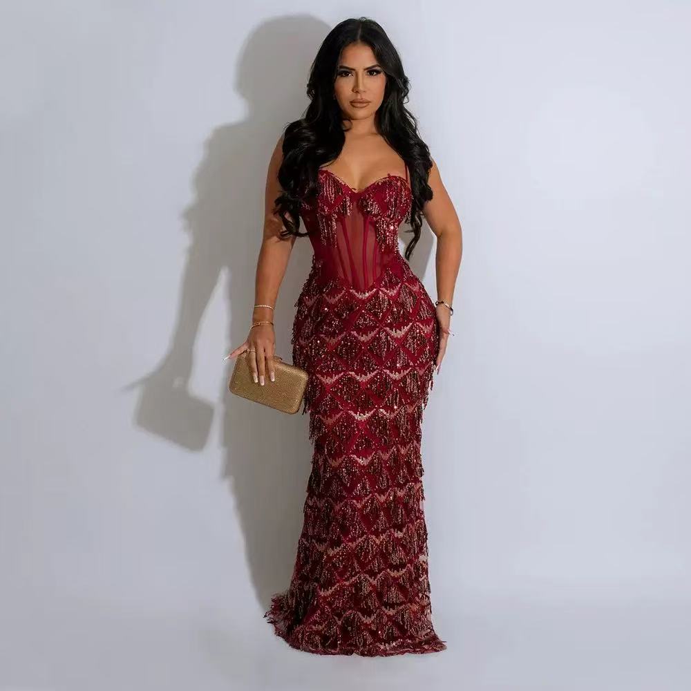 European and American Amazon export sequin maxi dress, stylish strapless A-line skirt