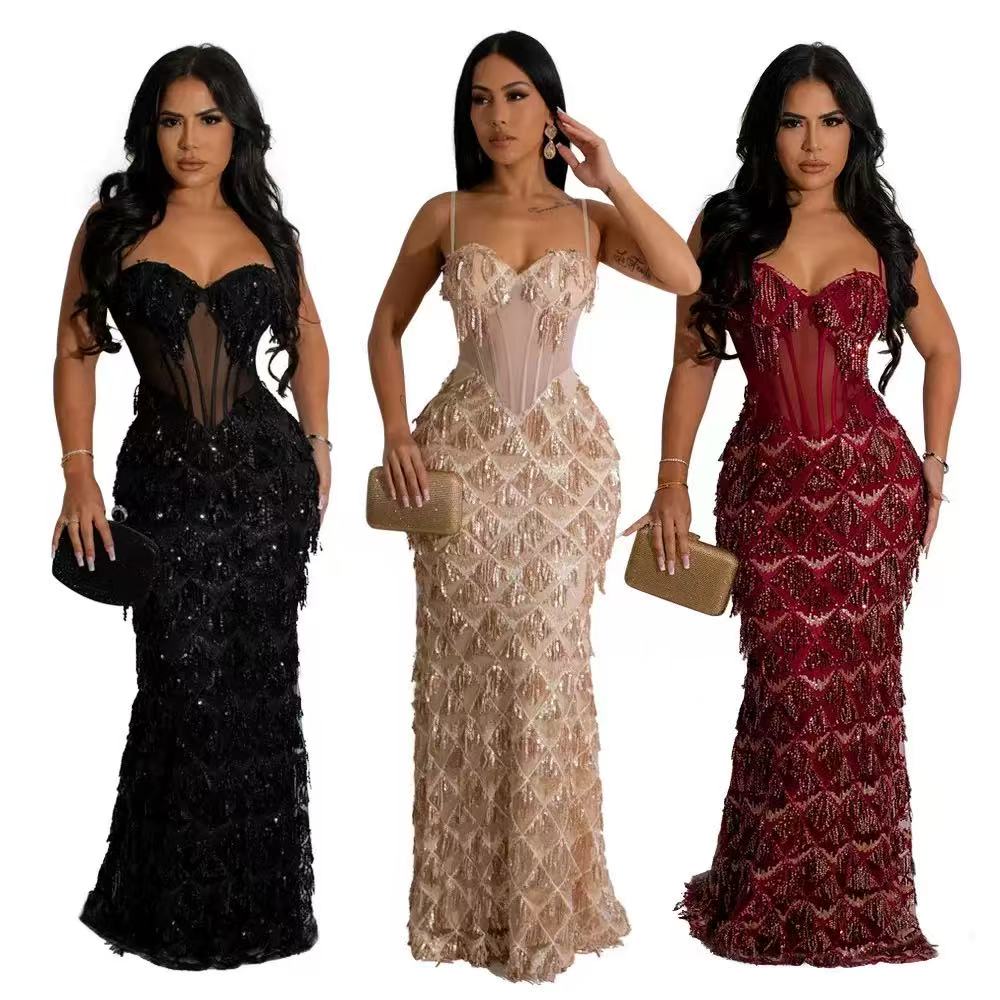 European and American Amazon export sequin maxi dress, stylish strapless A-line skirt