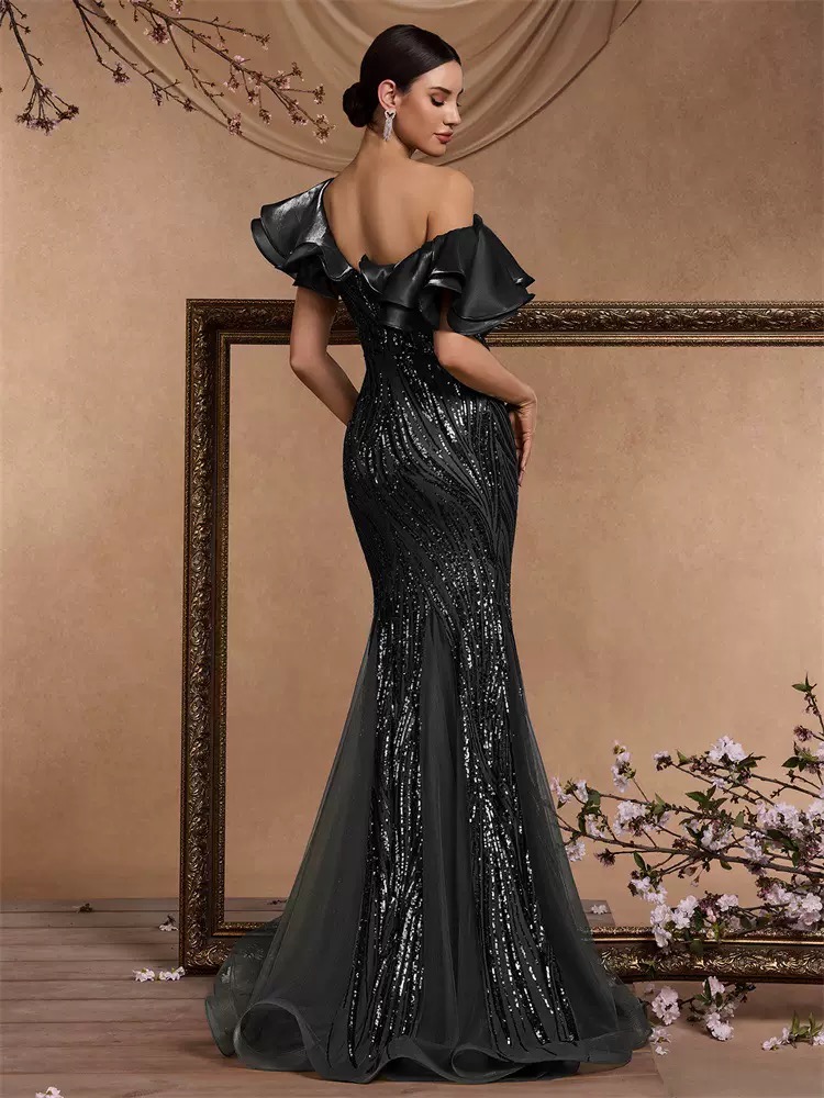 Elegant ruffle-sleeved sequined gown for formal cocktail party or dinner dress, backless and luxurious mermaid style graduation gown