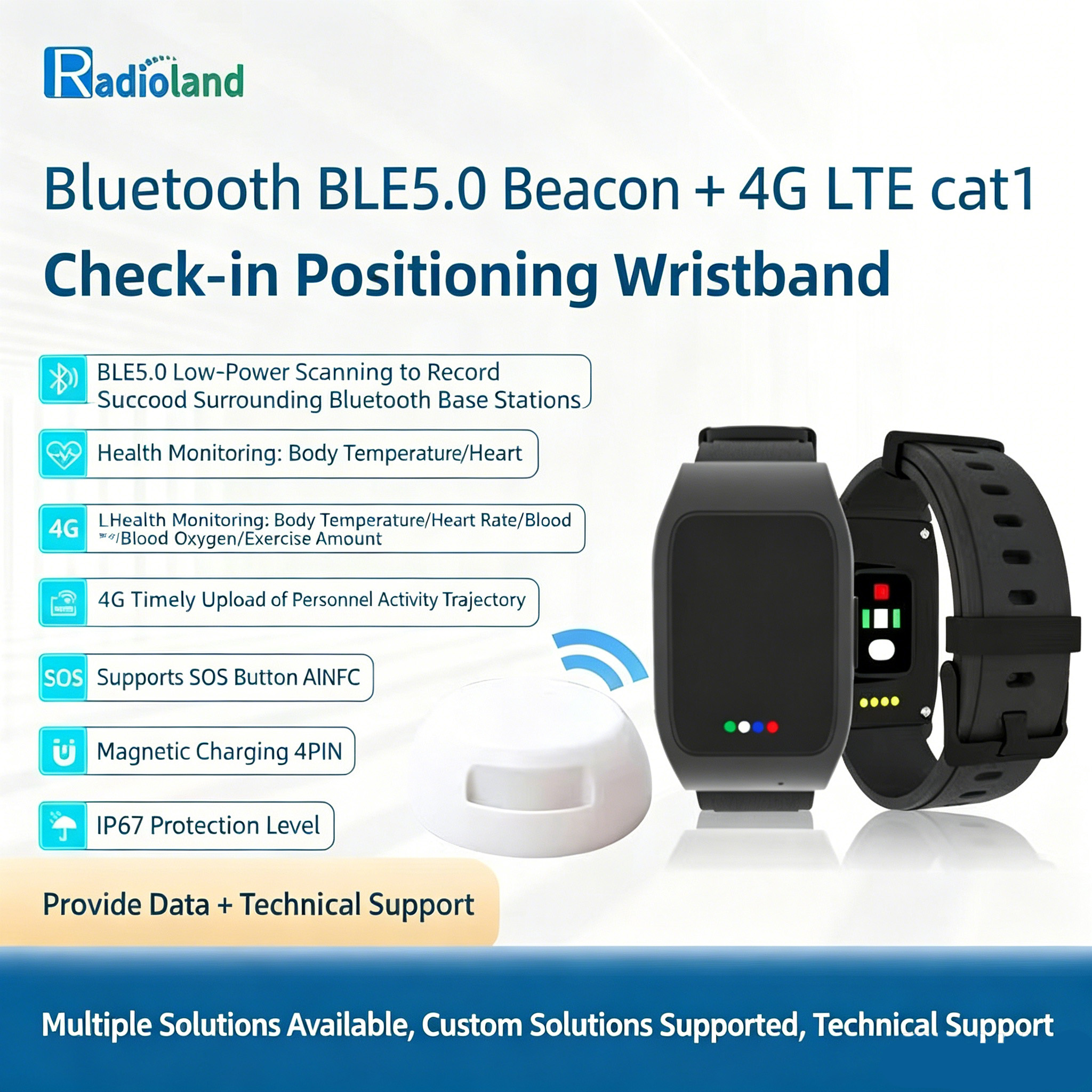 Bluetooth BLE 5.0 beacon + 4G LTE Cat1 attendance and location tracking bracelet