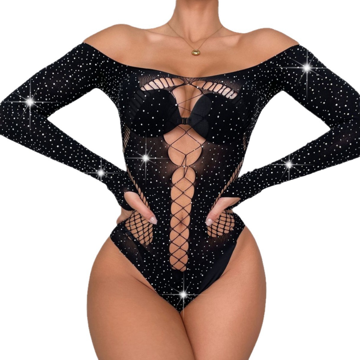 Popular Large Size Women's Sexy Underwear Sex Fun One-Piece Netwear High Elastic Semi-Permeable Rhinestone Bikini