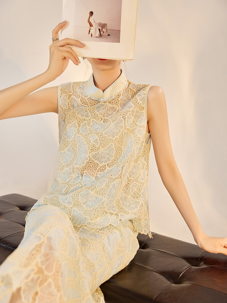 2026夏季新款高端國風套裝女刺繡斜襟花邊馬甲半身裙兩件套 N4005