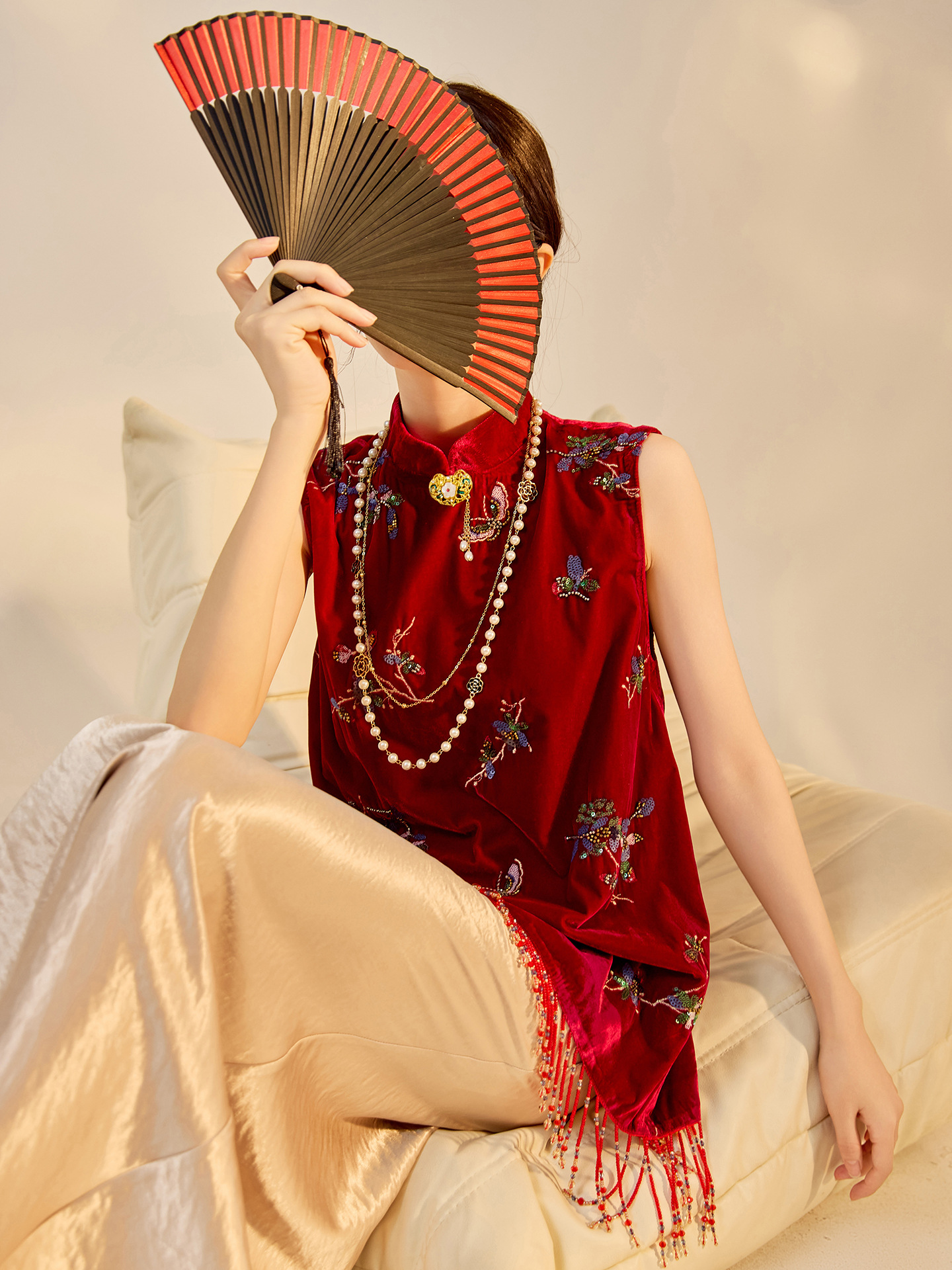 新中式國風女裝2026秋季新款宴會紅色刺繡流蘇馬甲半身裙套裝 N9024