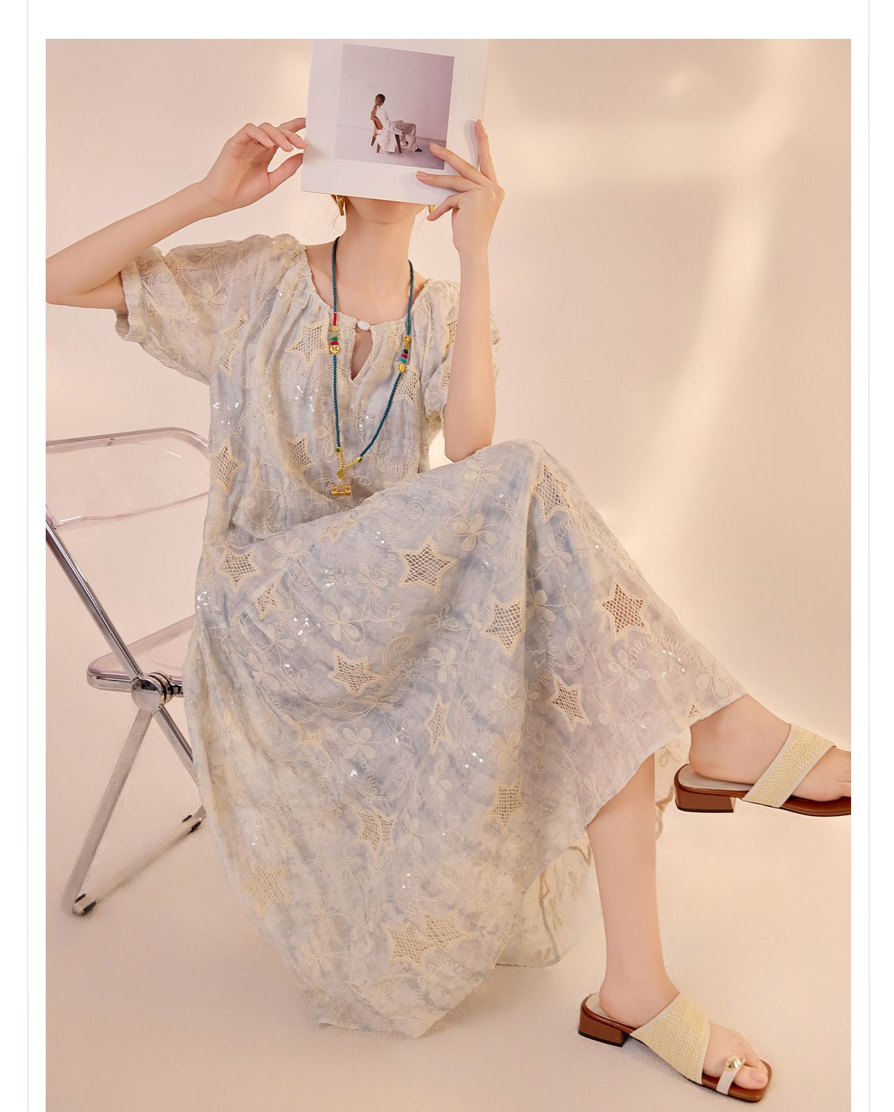 國風高端夏季度假溫柔風長裙女寬鬆星星刺繡拼接連衣裙 N3099