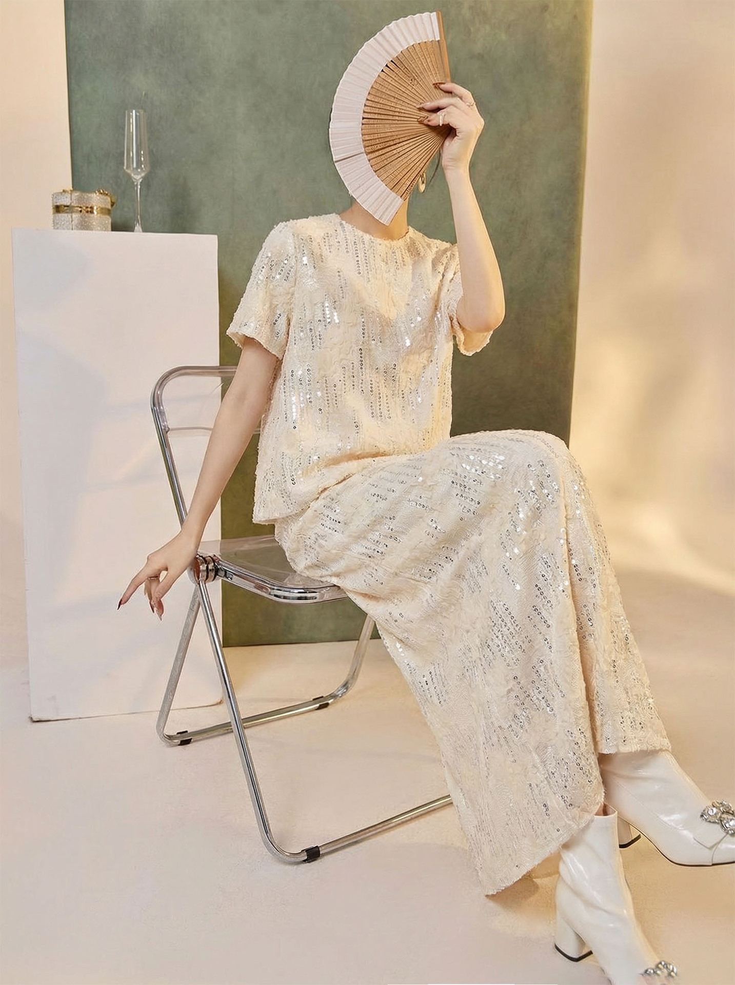 春夏時尚新中式國風高端重工亮片上衣女輕奢襯衫半裙套裝 P0114