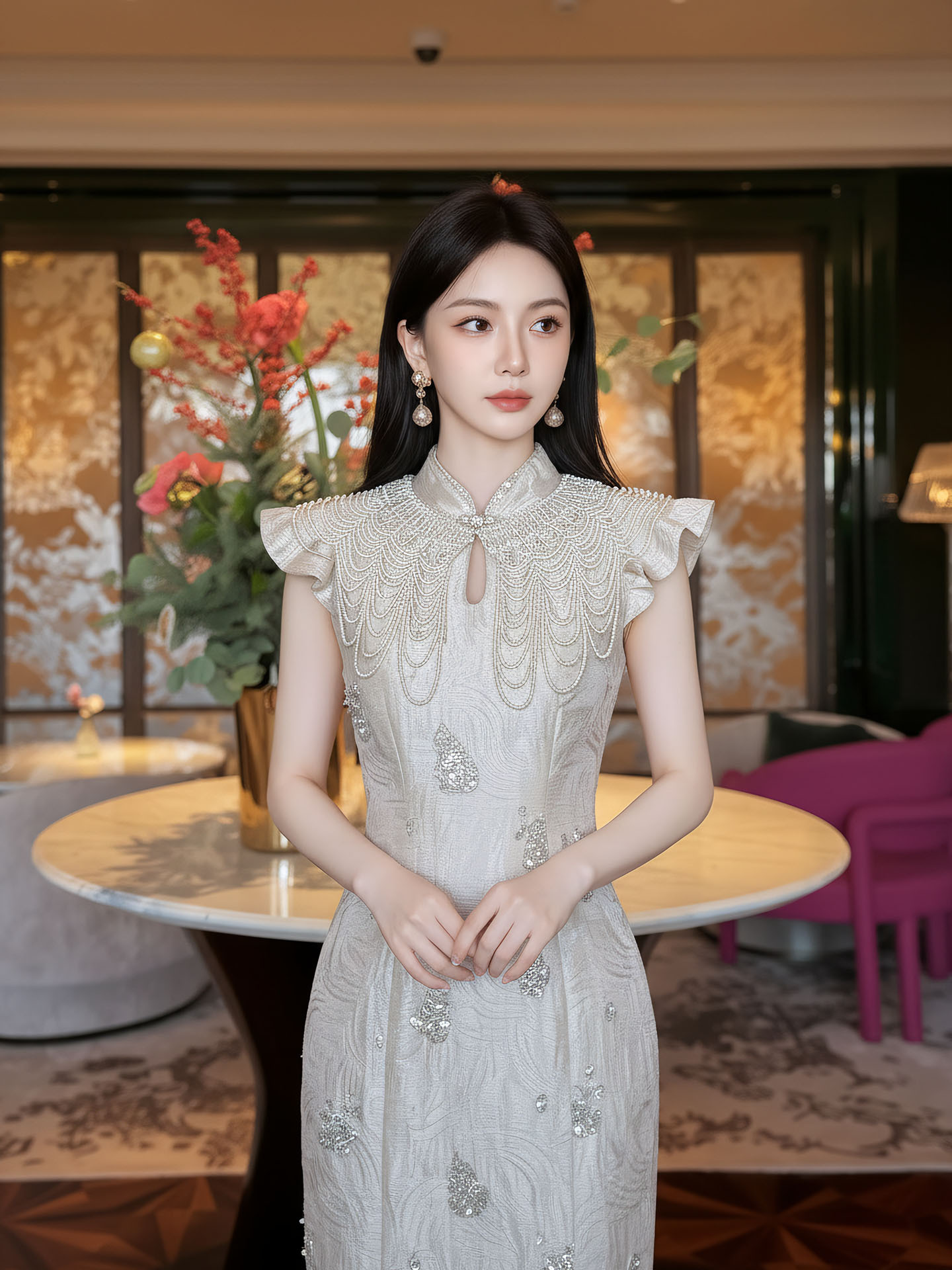 夏季高端新中式時尚風裙子女國風重工釘珠設計旗袍連衣裙 P0402