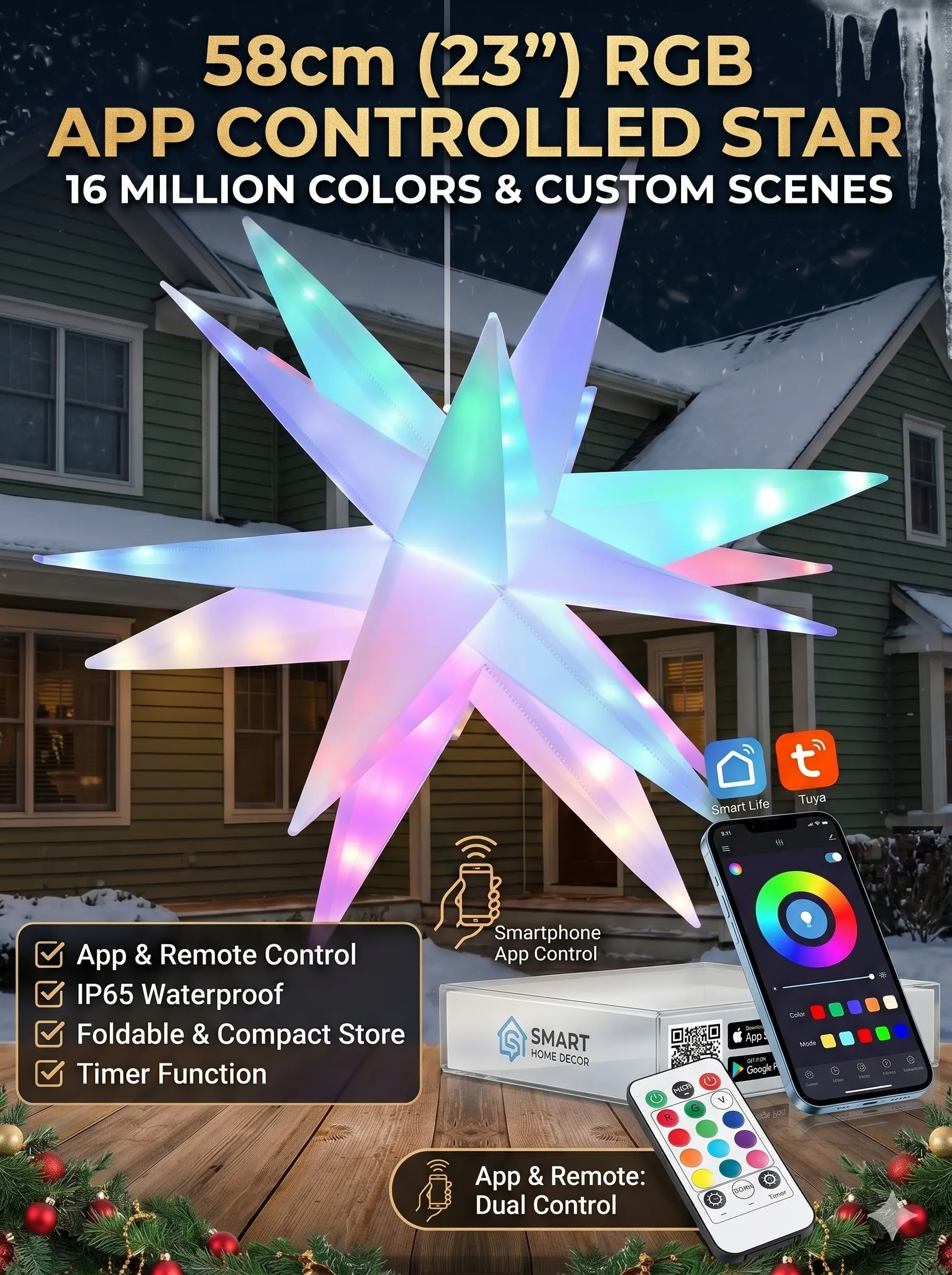 23" Moravian Star Light Outdoor LED RGB Color Changing Bethlehem Star with Remote & App Control, Foldable 3D Star Lantern for Christmas Tree Topper, Porch, Patio, Holiday Decor, IP65 Waterproof