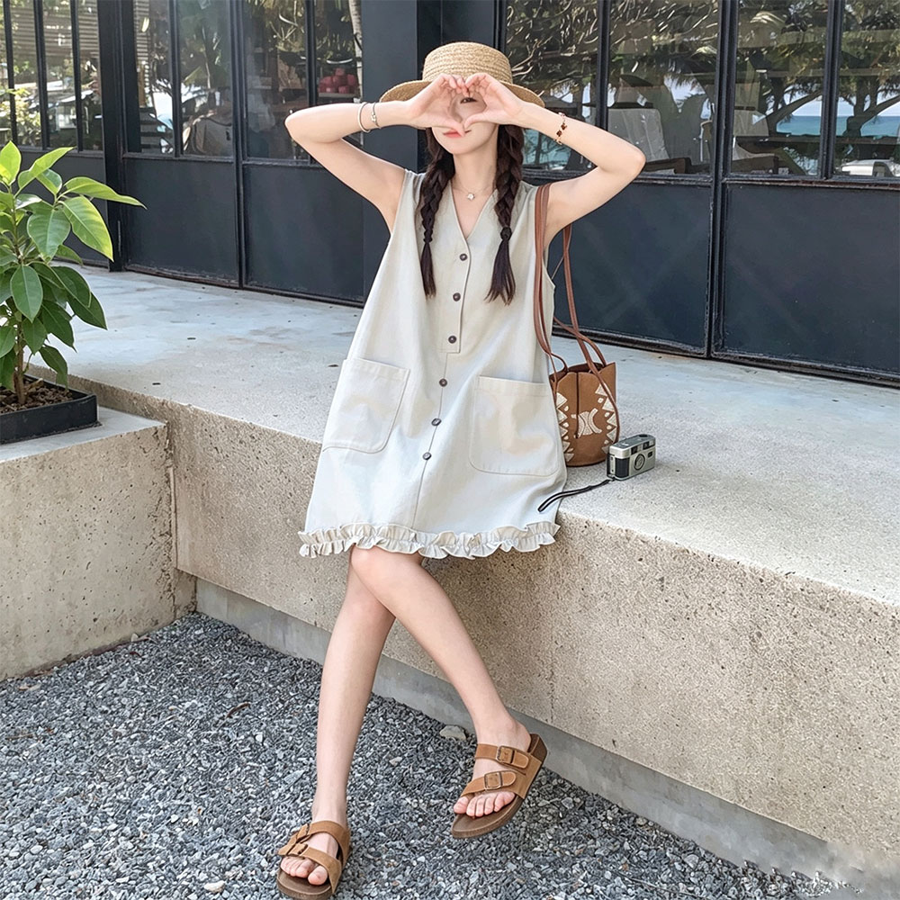 New high-end, age-reducing Korean-style French ear-side sleeveless vest dress for women, loose and slim-fitting dress